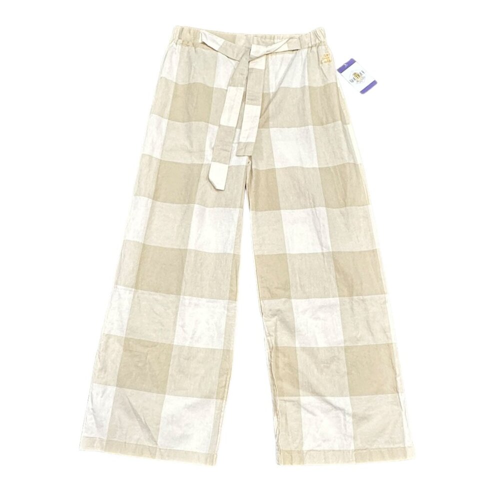 NWT Isadora Womens M Wide Leg Pull On Pants Beige White Checkered Tie Waist